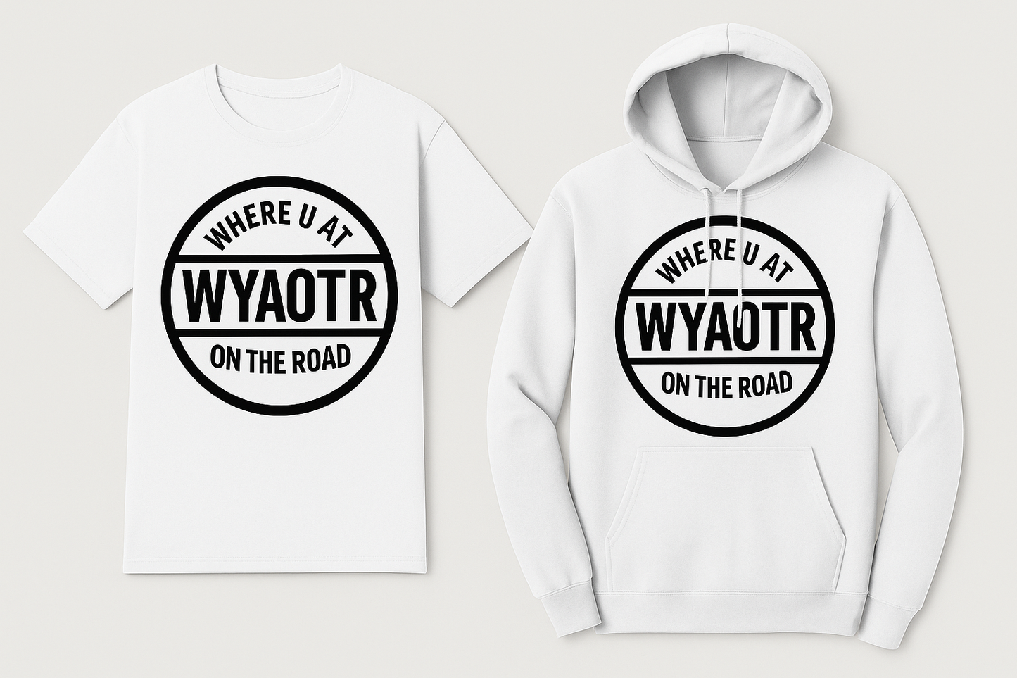 White t-shirt and hoodie with 'WYAOTR' logo on a light gray background