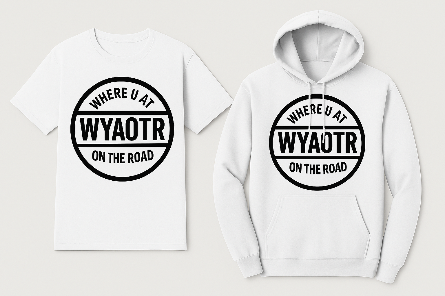White t-shirt and hoodie with 'WYAOTR' logo on a light gray background